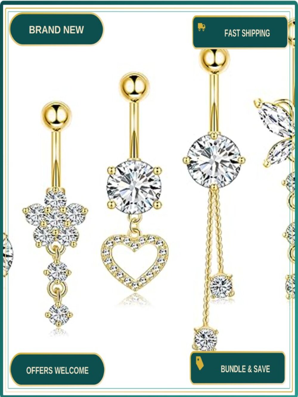Surgical Stainless Steel Dangle Belly Button Ring 14G Heart Flower Butterfly